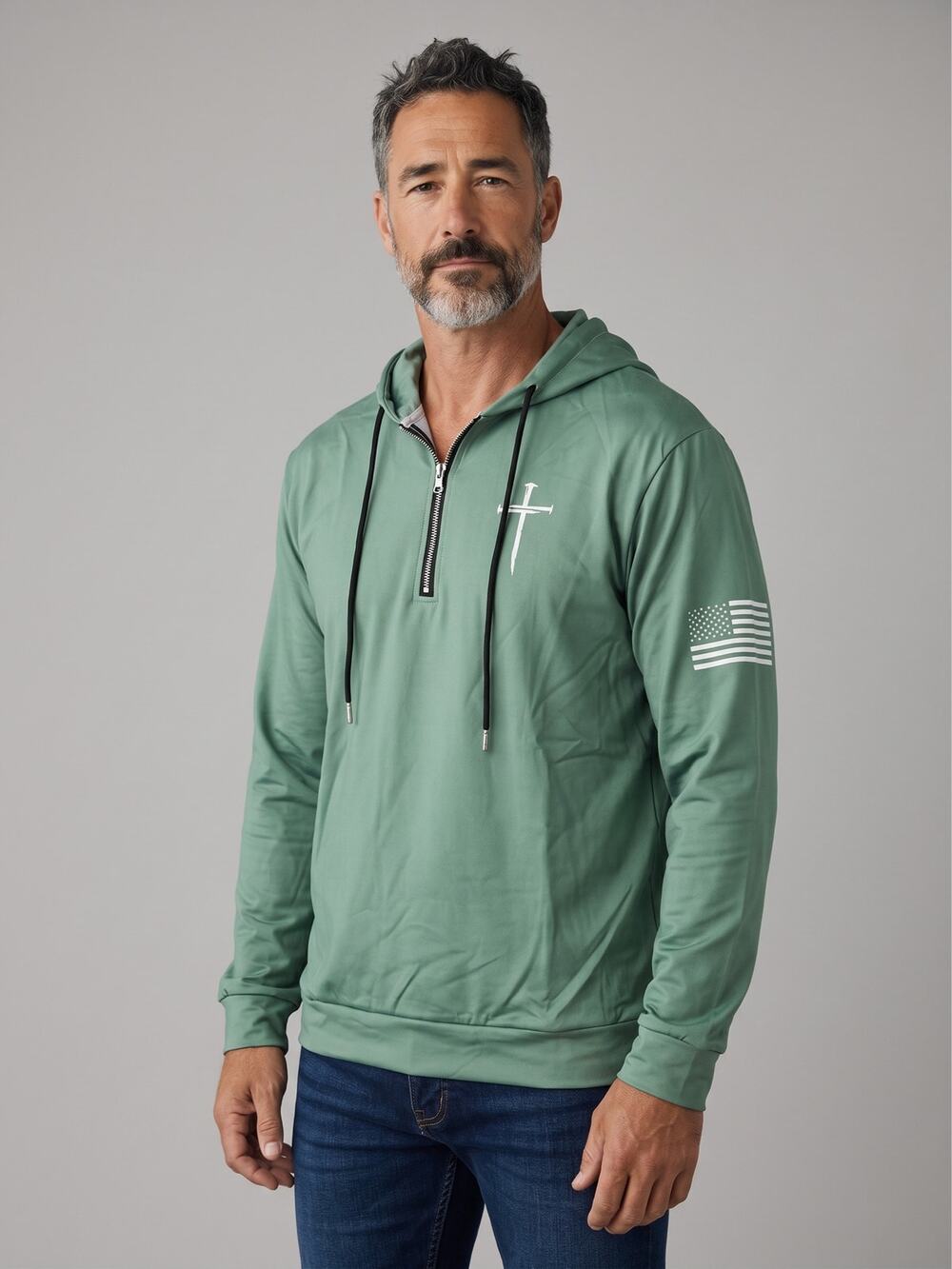 Mens Olive Green Quarter Zip Hoodie Cross Graphic US Flag Pullover Size L